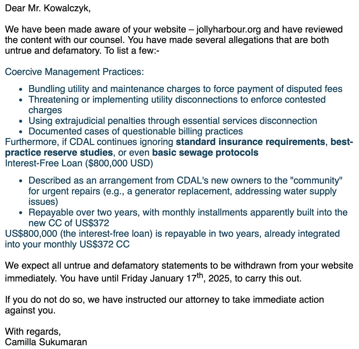 CDAL's Cease and Desist Letter dated January 10, 2025