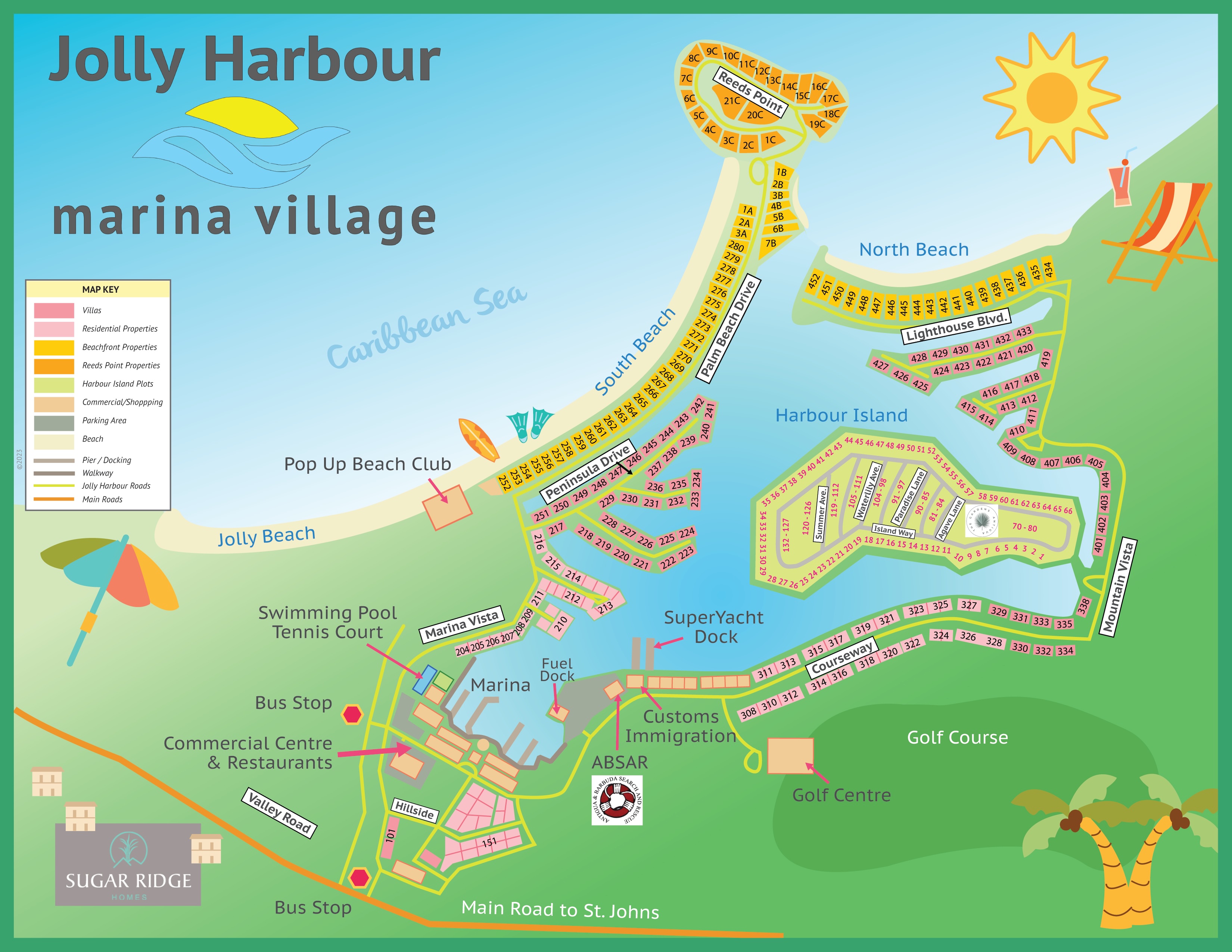 Detailed map of Jolly Harbour showing villa locations, marina layout, and community facilities